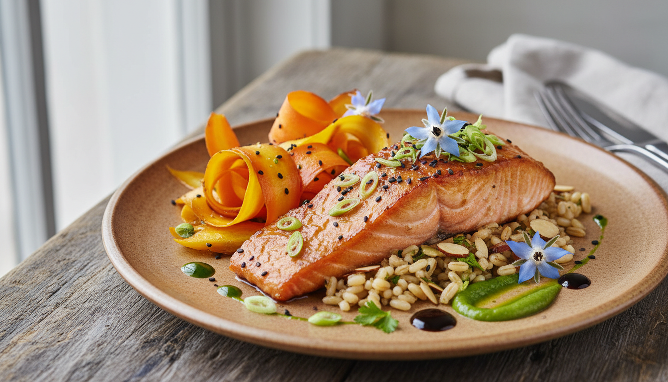 Sheet-Pan Maple–Ginger Salmon with Carrot Ribbon Medley and Warm Barley - Image 4