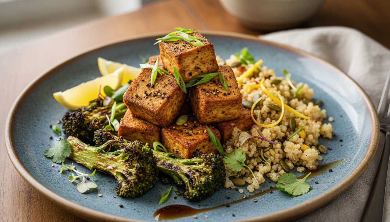 Air-Fryer Black Pepper Tofu with Charred Broccoli and Lemon-Pepita Quinoa - Image 4