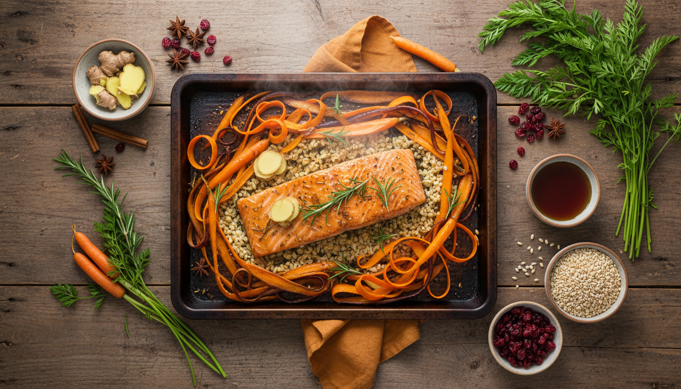 Sheet-Pan Maple–Ginger Salmon with Carrot Ribbon Medley and Warm Barley - Image 5