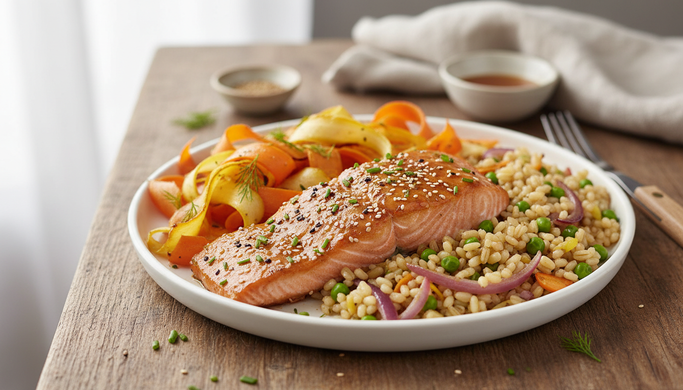 Sheet-Pan Maple–Ginger Salmon with Carrot Ribbon Medley and Warm Barley - Image 1