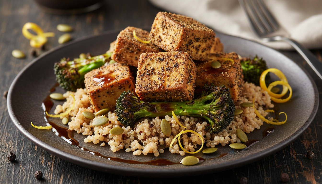 Air-Fryer Black Pepper Tofu with Charred Broccoli and Lemon-Pepita Quinoa - Image 6